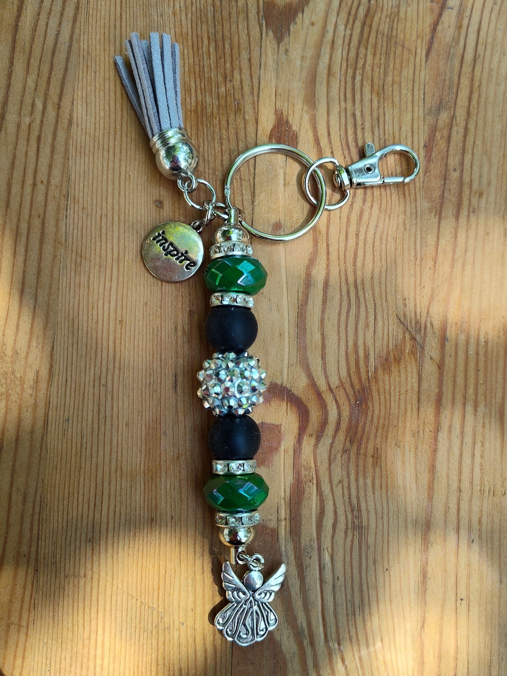 Inspirational Green & Black Bead Keychain with Tassel and Angel Charm